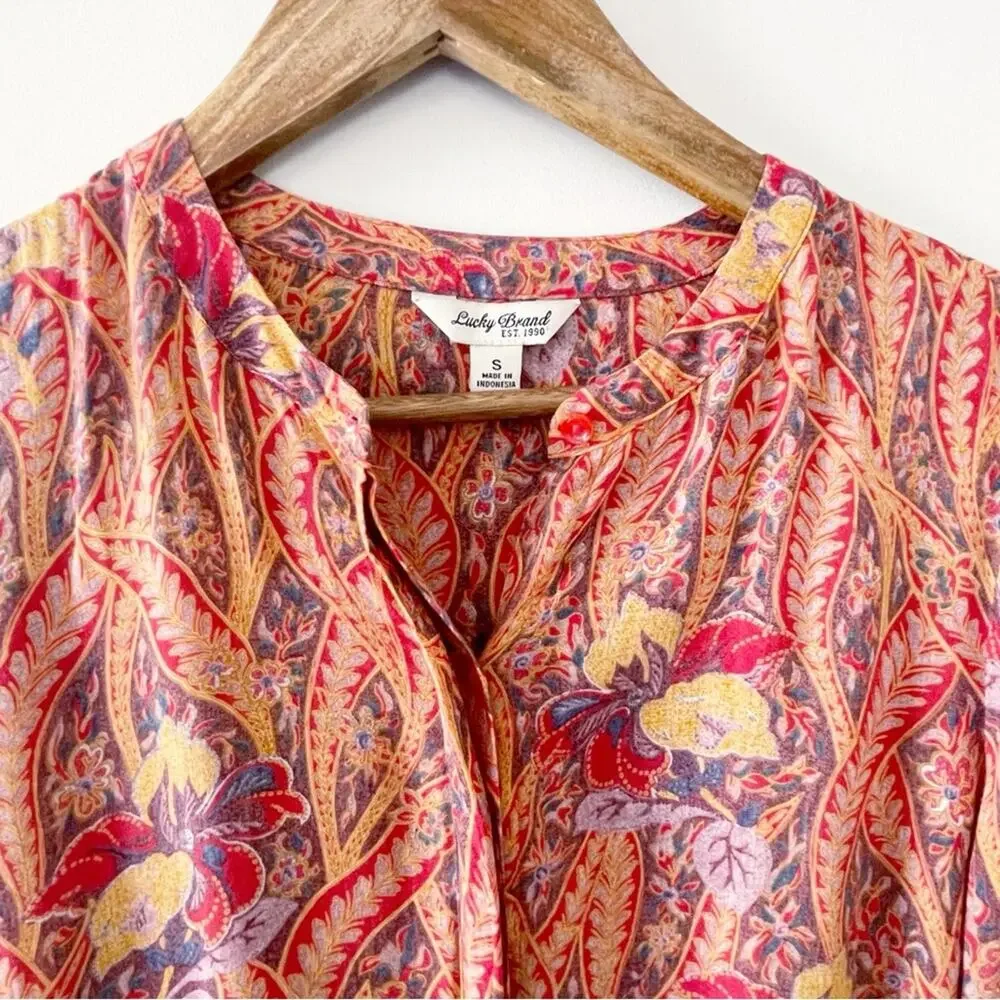Lucky Brand Button Down Floral Print Top Orange Red Size Small EUC - Picture 3 of 15